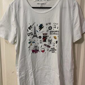 Karl Lagerfeld White Graphic Tee with Black and Pink Accents